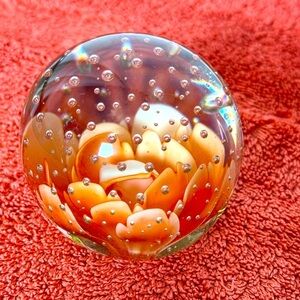Vintage Controlled Bubble Orange/Peach Peony Paperweight Art Glass